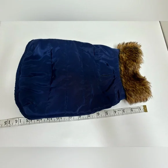 Dog puffer jacket with fur collar navy blue with brown faux fur,‎ size M medium - Picture 8 of 12